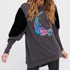 Gray Free People Night Bird Embroidered Oversized Tunic Sz L Puff Velvet Sleeve